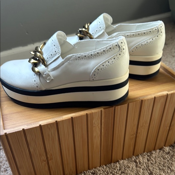 Shoes - White Platform Loafers with Gold Accent
